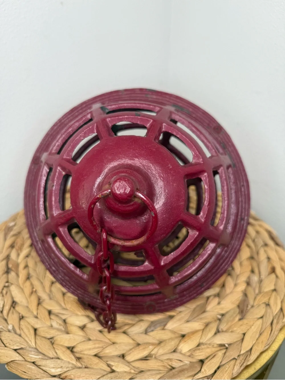 Vintage Japanese Hand-Cast Iron Orb Hanging Lantern Dark Red Maroon Garden Lamp